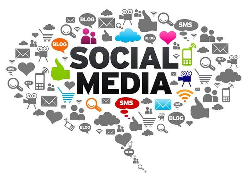 Speech bubble reading "Social Media" filled with icons like thumbs up, hearts, emails, phones and shopping carts