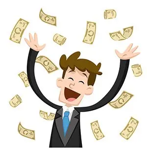 Cartoon businessman in a suit cheering with arms raised as banknotes rain down around him