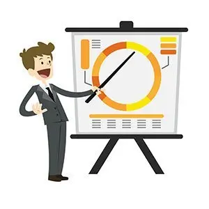 Cartoon businessman in a suit pointing to a donut chart on a presentation board, illustrating knowing your marketing metrics