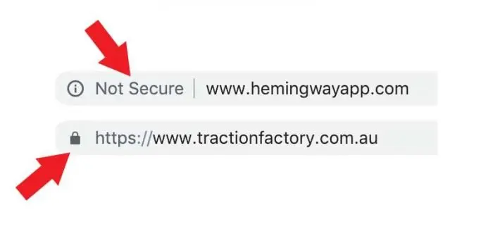 Chrome address bars compared: "Not Secure" beside www.hemingwayapp.com versus a padlock and https:// on www.tractionfactory.com.au