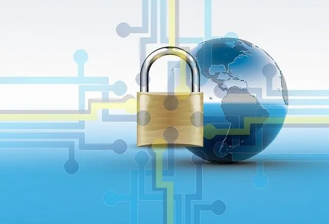 Gold padlock beside a globe with circuit-style lines, representing secure communication online with an SSL certificate