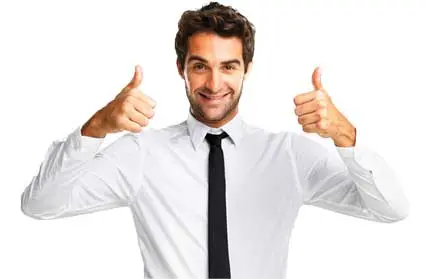 Smiling man in a white shirt and black tie giving two thumbs up, representing the engaged "Ambassador" employee